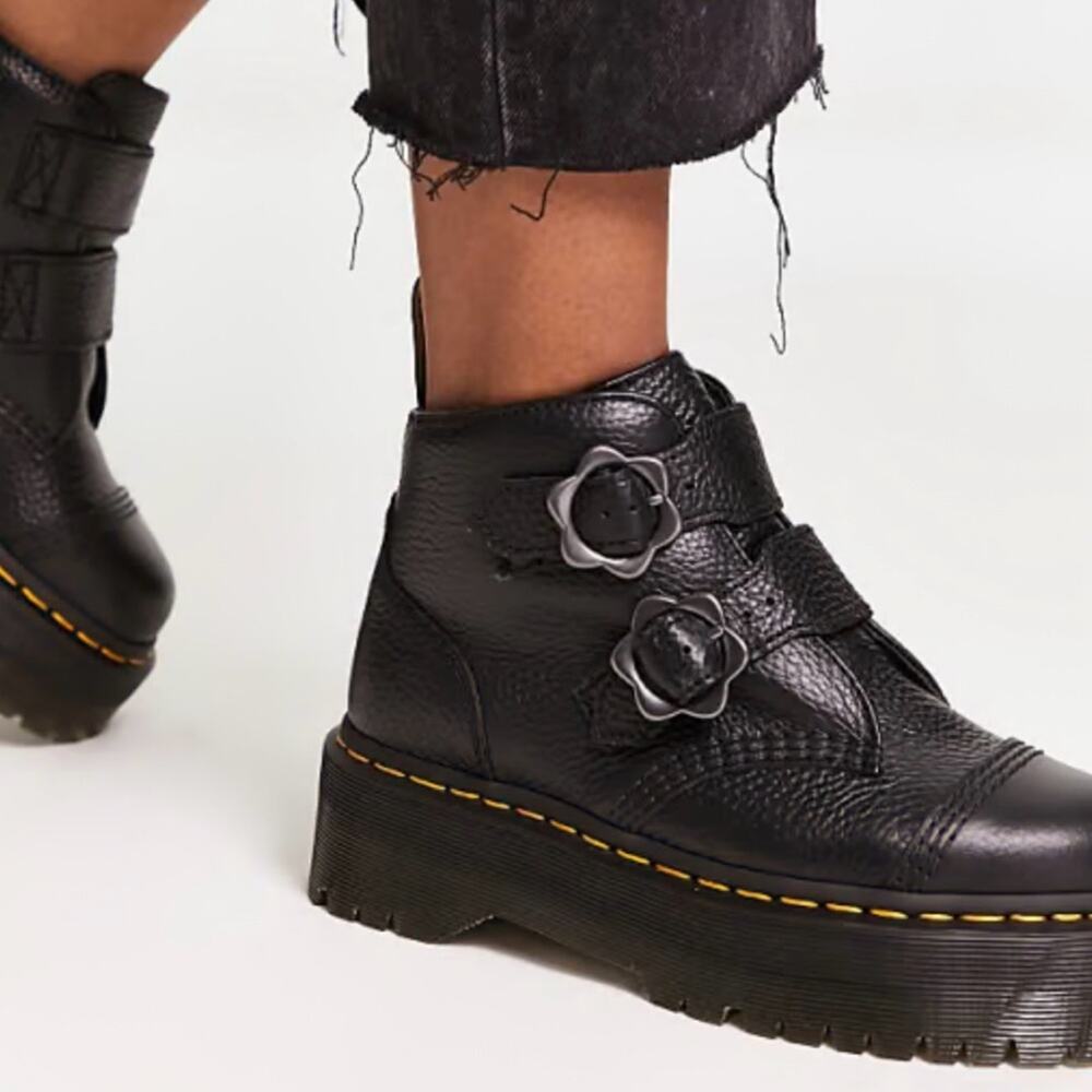 Dr. Martens Devon Flower Quad Platform Boots In Black‎ Size 7 Grunge 90s Chunky